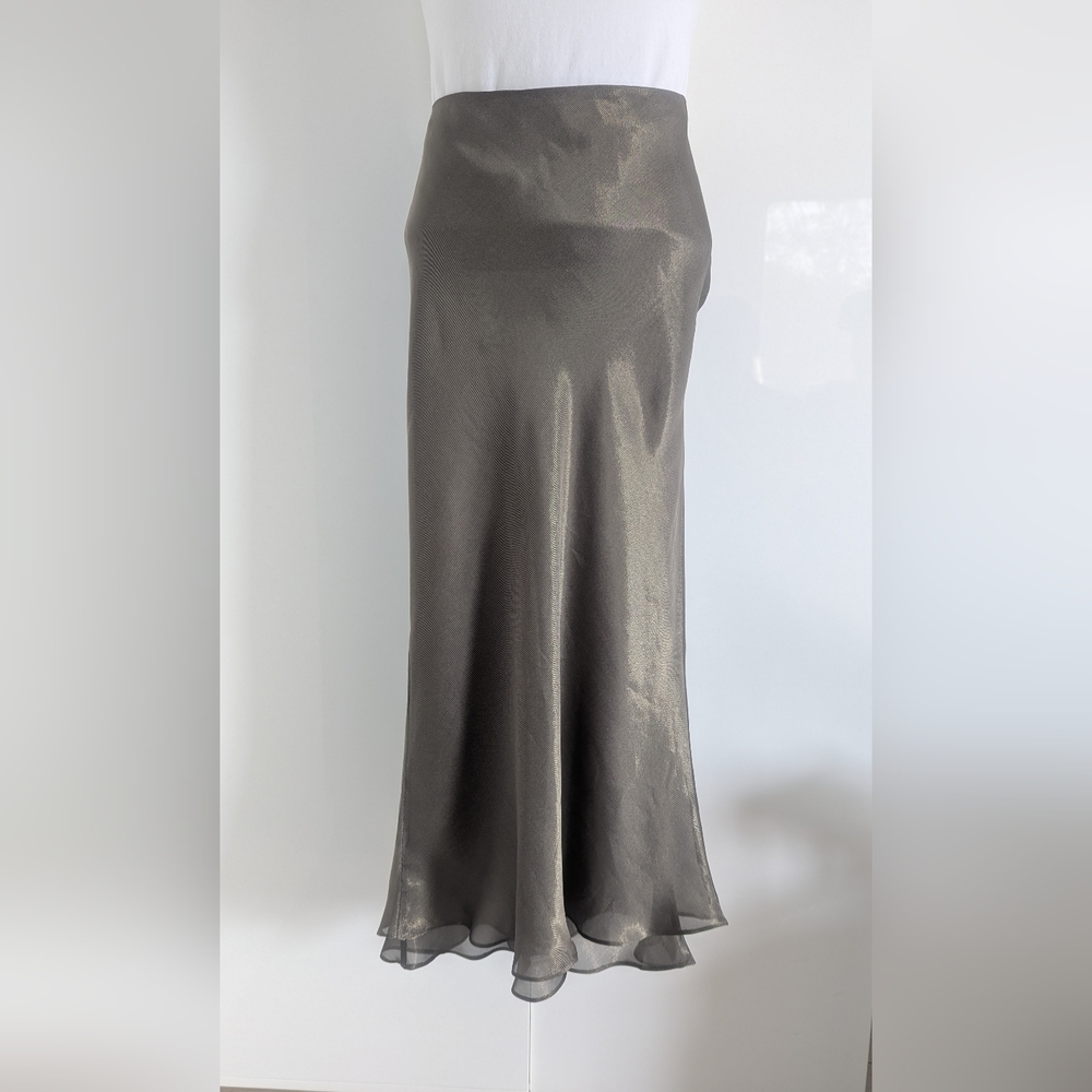 Vintage 90s Italian Silk Blend Midi Skirt In Pewter/Antique Metallic; Size 14